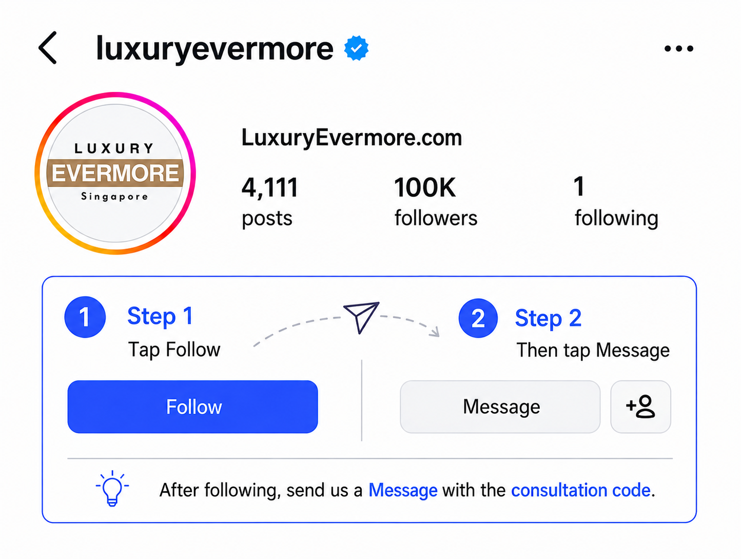 Instagram guide showing how to follow Luxury Evermore and tap Message