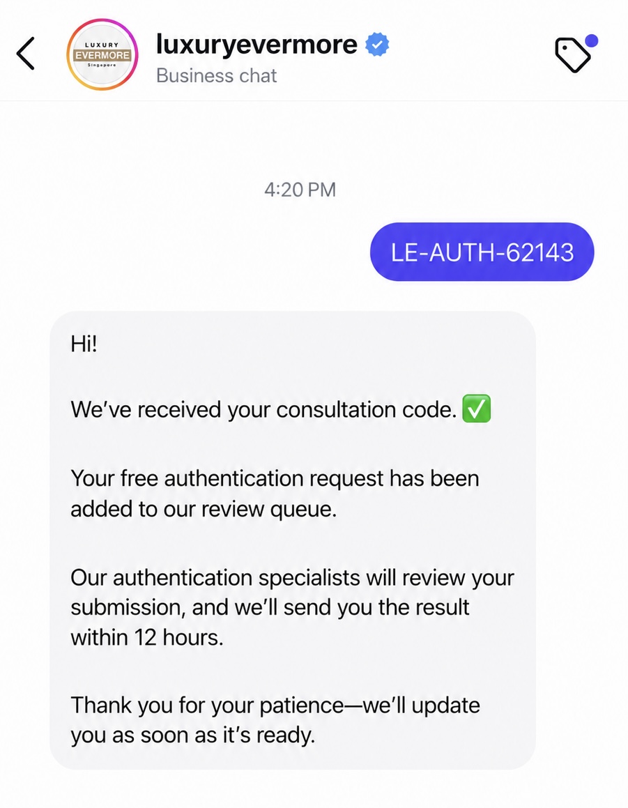 Example Instagram direct message containing a Luxury Evermore consultation number